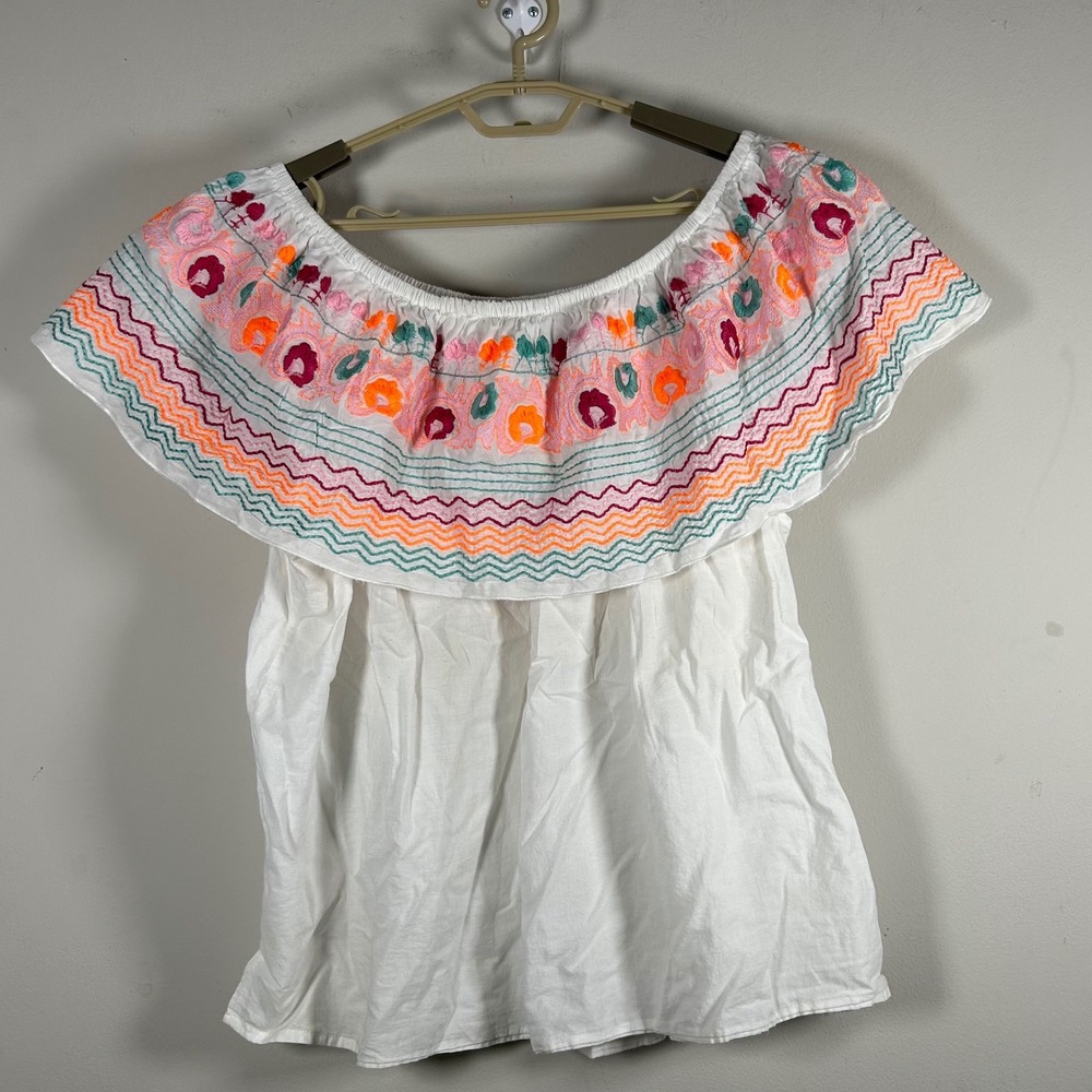 Cato Off The Shoulder Blouse Womens 22/24W White Boho Floral Embroidered Ruffle
